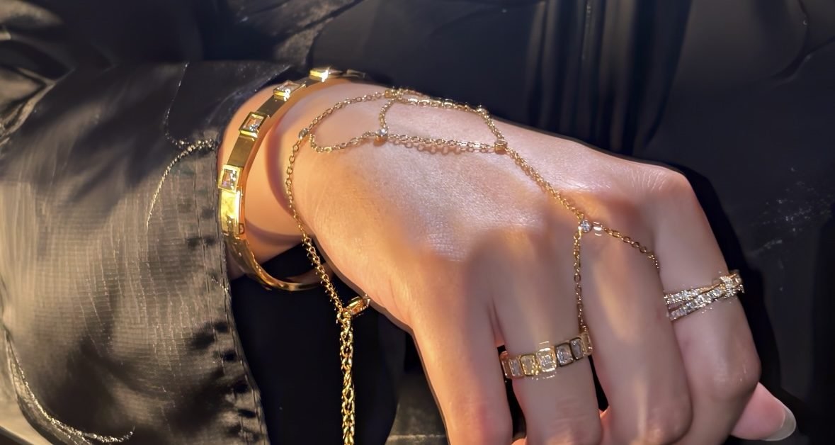 Close view of The Full Aura Set showing the hand chain draped across the fingers